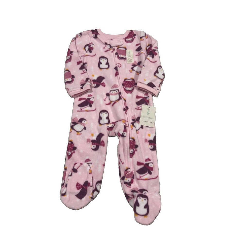 Lullaby Lane Penguin Skiing 2 Way Zipper Footie Pink Pajama Size 3-6 Months